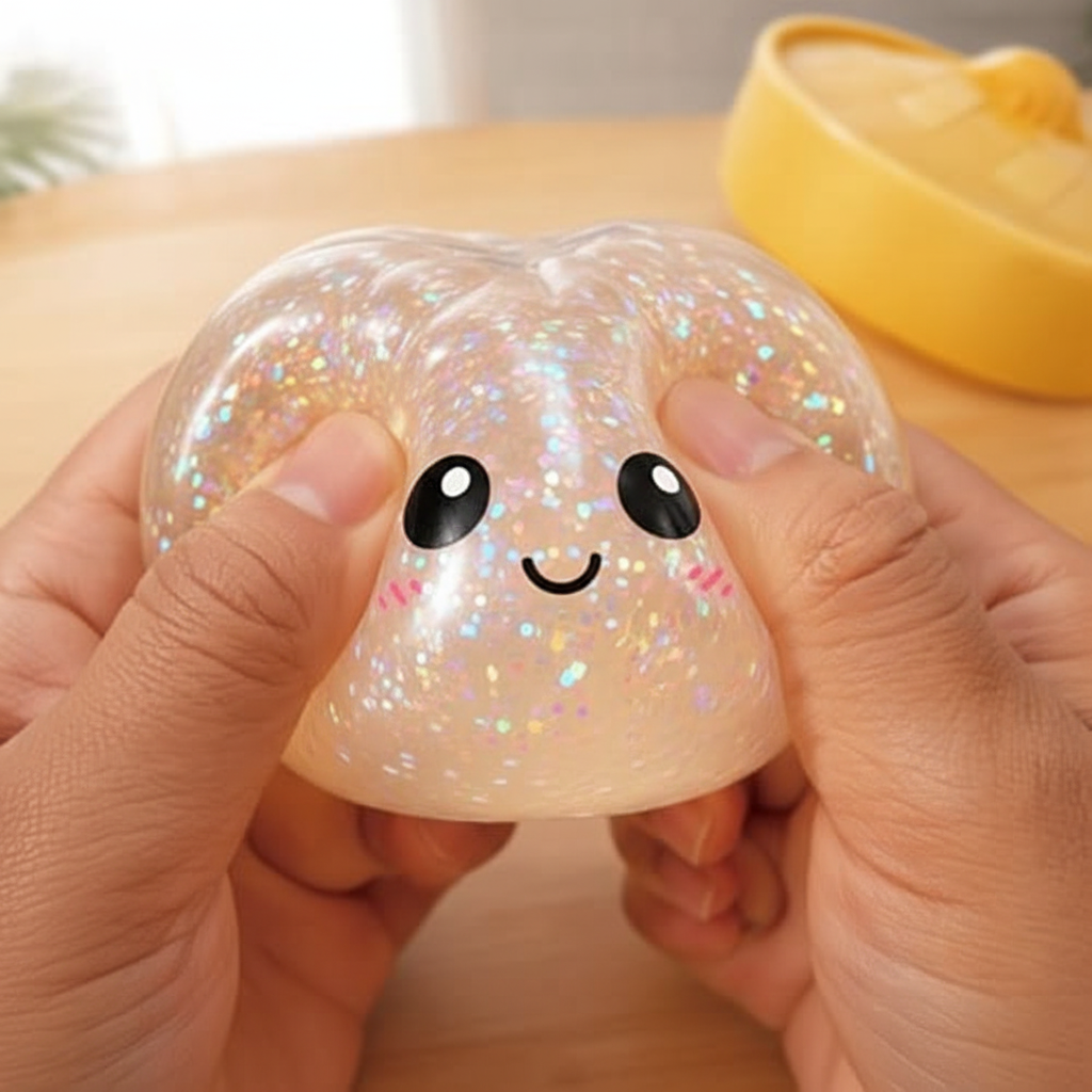 Hands squeezing a glitter dumpling squishy toy with a cute smiling face