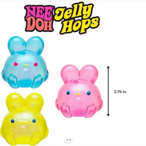 Nee Doh Jelly Hops squishy bunny toys in blue, pink, and yellow