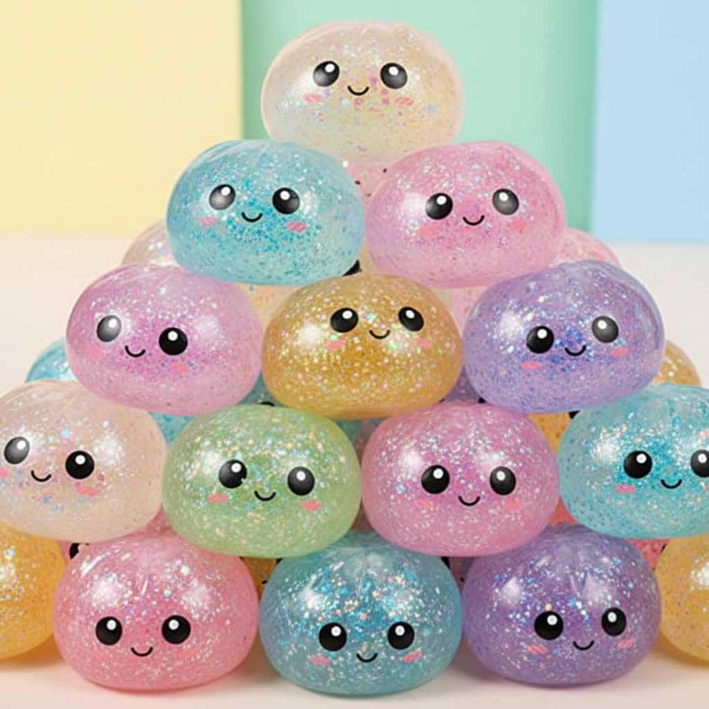 Collection of colorful glitter dumpling squishy toys